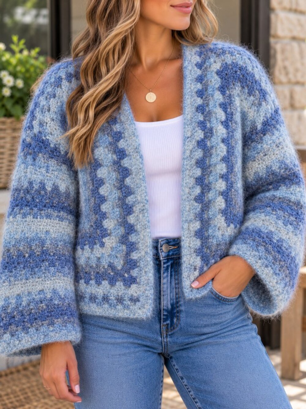 Handmade Blue & White Fuzzy Crochet Cardigan | Cozy Boho Open Front Sweater